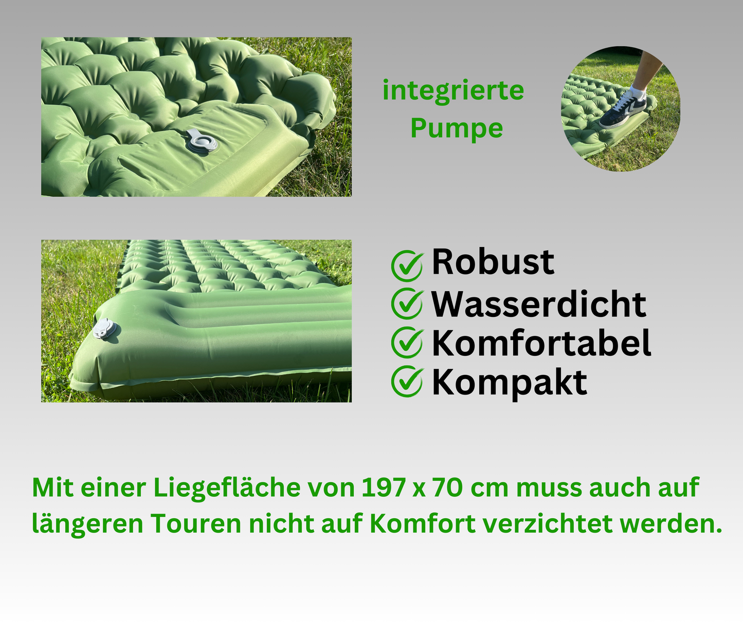 Camping Luftmatratze leicht, kompakt & wasserdicht Oliv o. Grau