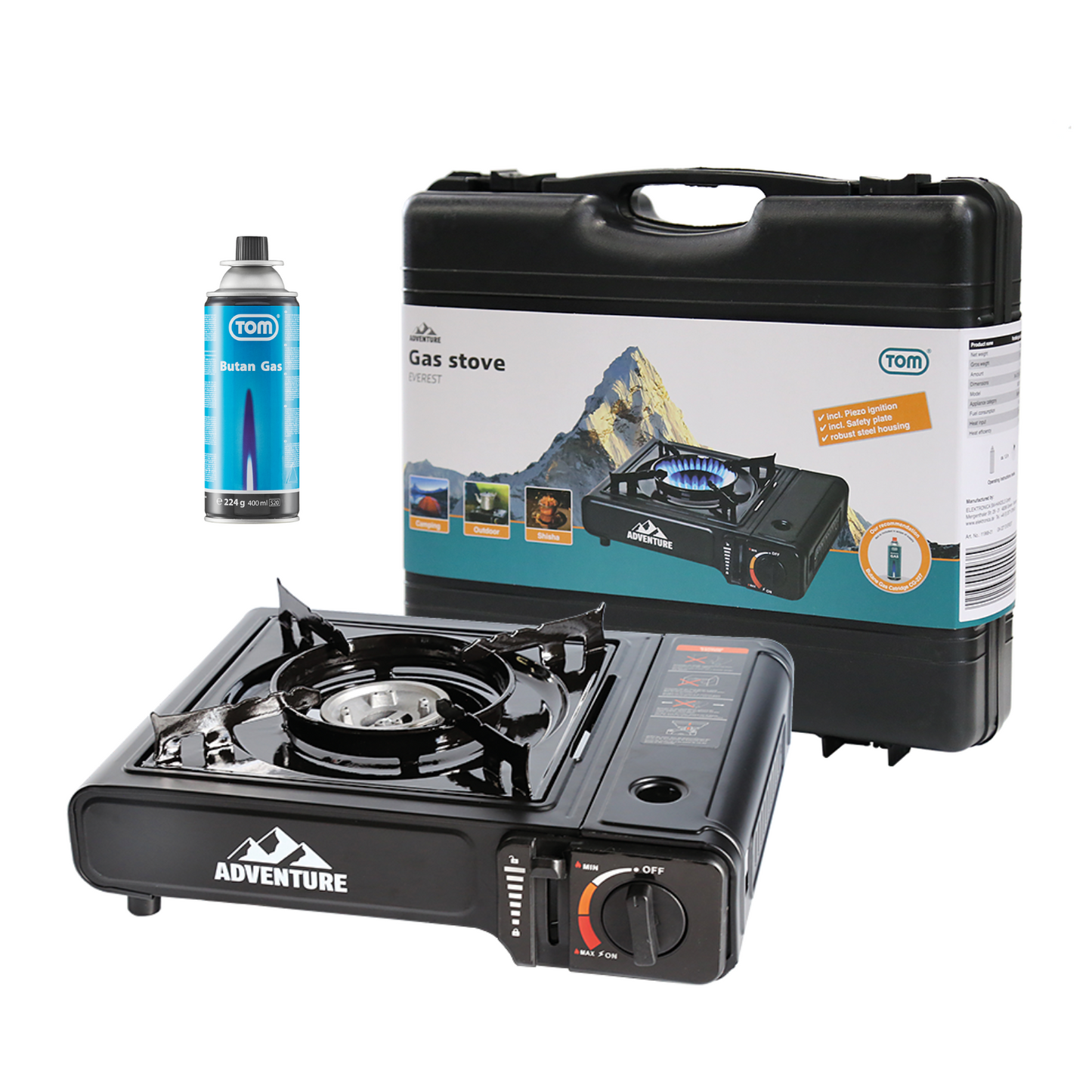 Gaskocher TOM Adventure GK 227 Everest mit Piezo Zündung, Koffer und je nach Variante mit bis zu 4 Gaskartuschen