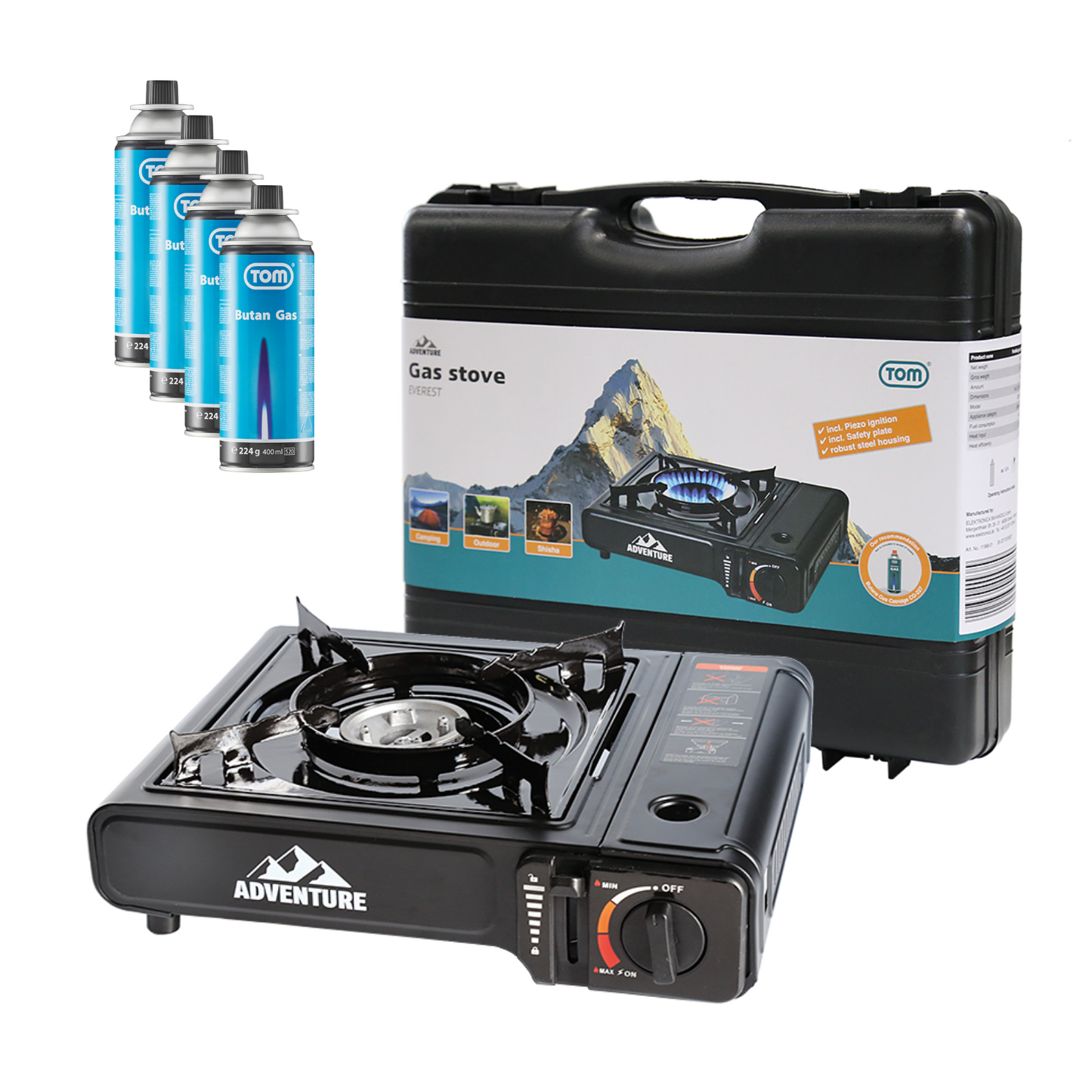 Gaskocher TOM Adventure GK 227 Everest mit Piezo Zündung, Koffer und je nach Variante mit bis zu 4 Gaskartuschen